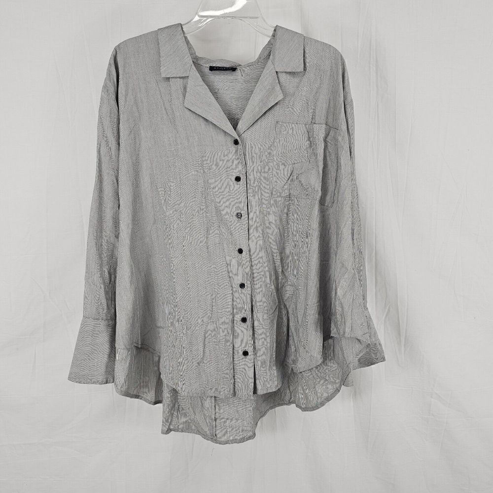 Storia Gray Striped Button-Down Longsleeved Blouse Oversized Pleated Small S